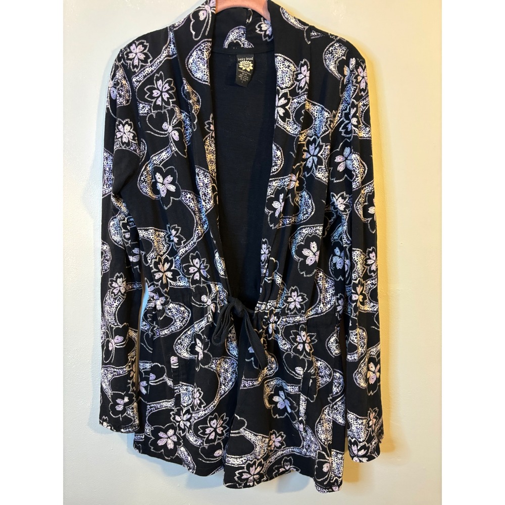VTG Lucky Brand Black Floral Cotton Knit Jacket L Drawstring Waist